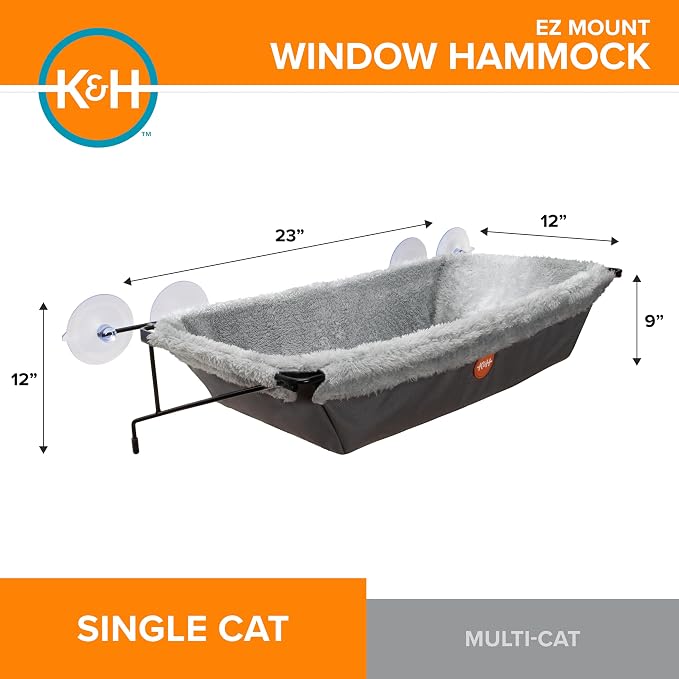K&H Cat Window Perch, EZ Mount Cat Window Hammock, Holds 50 lbs, Gray | Sturdy Kitty Sill Seat, Strong Suction Cups, Metal Frame, Space-Saving Cord-Free Design, Indoor Window Bed, 23x12x9in