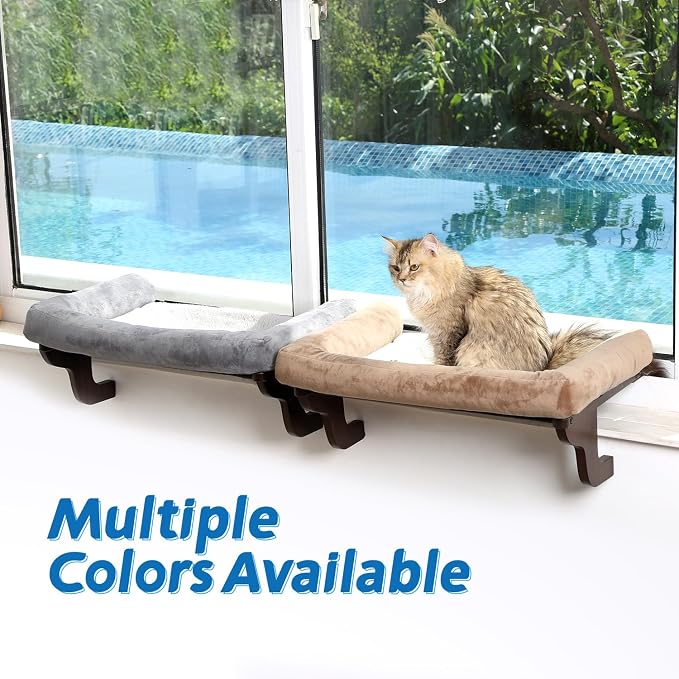 Zakkart Cat Perch for Window Sill with Bolster - Orthopedic Hammock Design with Premium Hardwood & Robust Metal Frame - Cat Window Seat for Large Cats and Kittens - Dark Stained Wood Brown Bed, 24''W