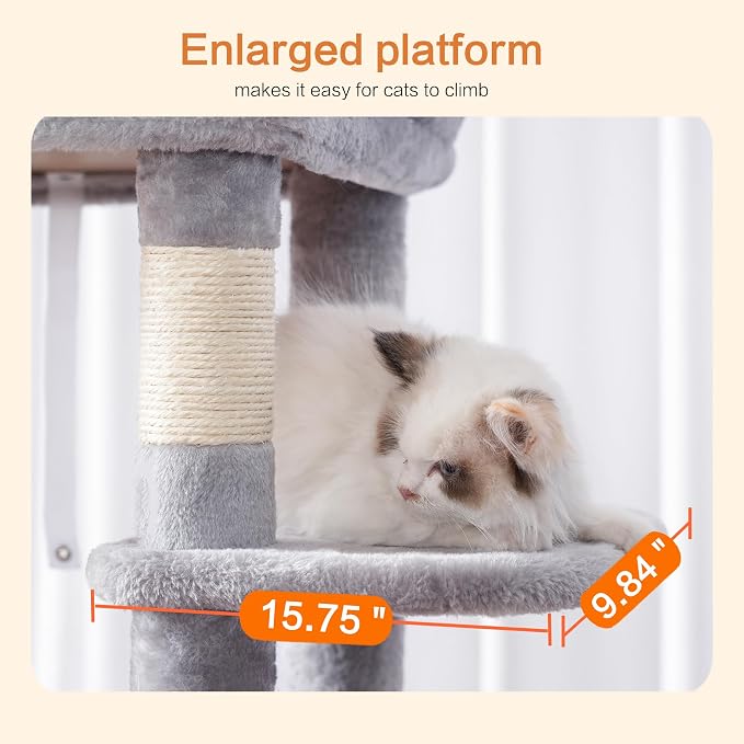 Heybly Cat Tree for Large Cats, 20lbs Heavy Duty, 60 inches HCT050W | Cat Tower for Indoor Cats with Big Padded Plush Perch, Multi-Level Furniture Condo with Cozy Basket, Light Gray