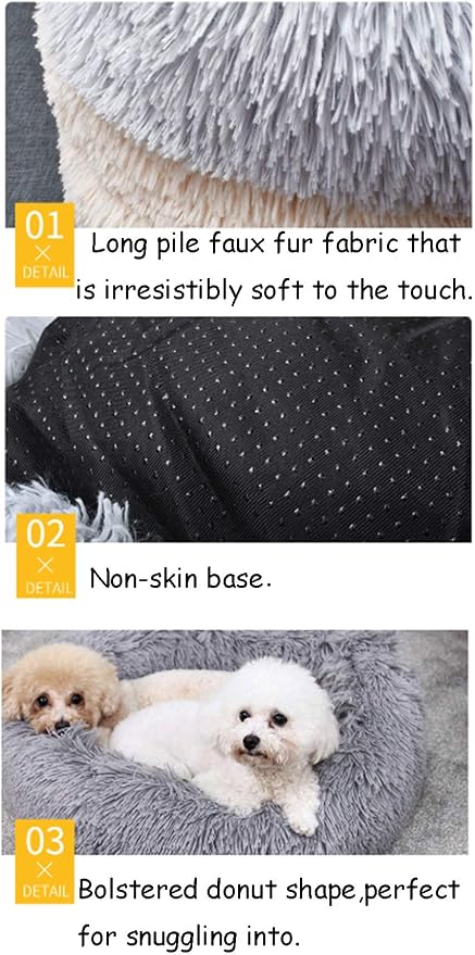 Faux Fur Dog Bed, Shag Round Anti-Anxiety Pet Calming Doughnut Cuddler for Medium Large Puppy Dog Cat Kennel Cushion - Self Warming (28'' D x 8" H, Light Grey)