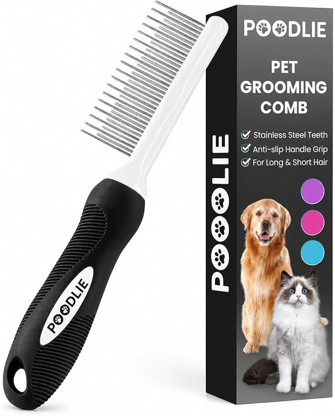 Poodle Pet Dog Combs for Grooming Matting - Metal Comb for Dogs with Long & Short Stainless Steel Teeth - Dematting Comb for Cats to Remove Matted Hair & Knots, Black