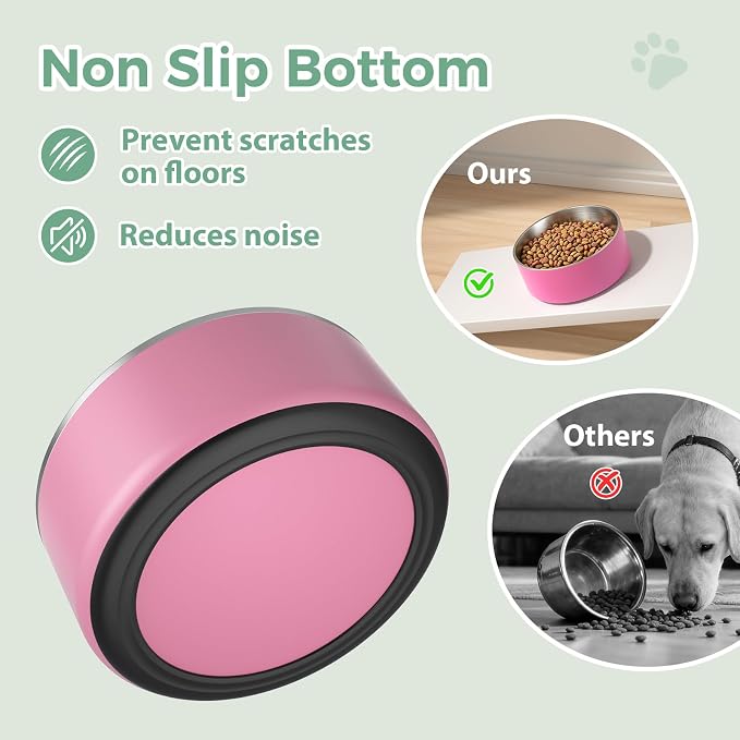 LIHONG Stainless Steel Dog Bowls for Large Dogs,Dog Food Water Bowls with Non Slip Rubber Bottom,Pet Feeding Bowl,Double Wall Insulated,Rustproof(64oz,Pink)