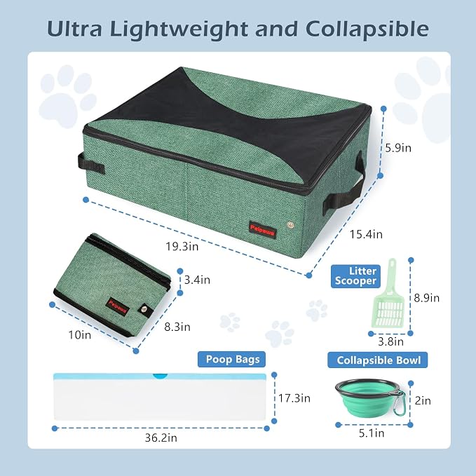 Portable Cat Travel Litter Box. Zipped Lid, Collapsible Litter Box for Cats. No Leakage, No Smell. Easy to Carry. Used for Hotels, Camping, Car (Green,L)
