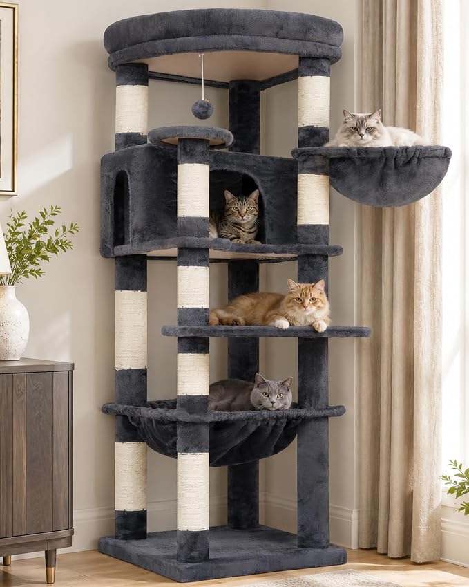 Heybly 53.1" Corner Cat Tree for Large Cats – Interactive Play HCT029G | Sturdy Cat Tower with Cozy Cat Condo, Fan-Shaped Top Perch, Basket, Hammock & Solid Base, Smoky Gray