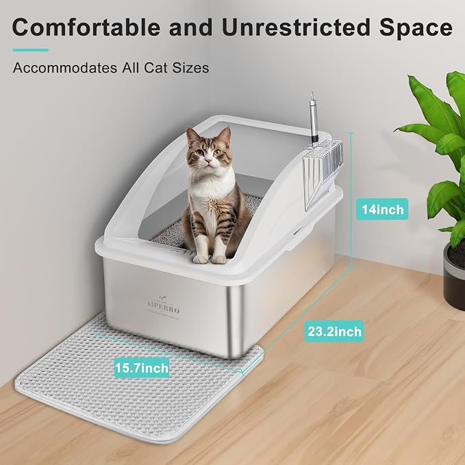 AIPERRO Stainless Steel Litter Box | XXL Deepened 8" Design Metal Cat Box | High Sided with Lid for Big Cats | Anti-Urine Leakage | Non-Stick Bottom & Easy to Clean | Includes Litter Mat & Metal Scoop