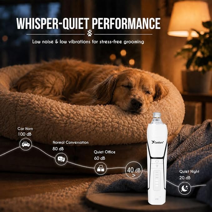 Candure Dog Nail Grinder Upto 6-Speed Dog Nail Trimmer for Large, Medium, Small Dogs, Cats & Pets - Low Noise Rechargeable Dog Claw Grinder with 360° LED Lights & Extra Grinder Head (White)