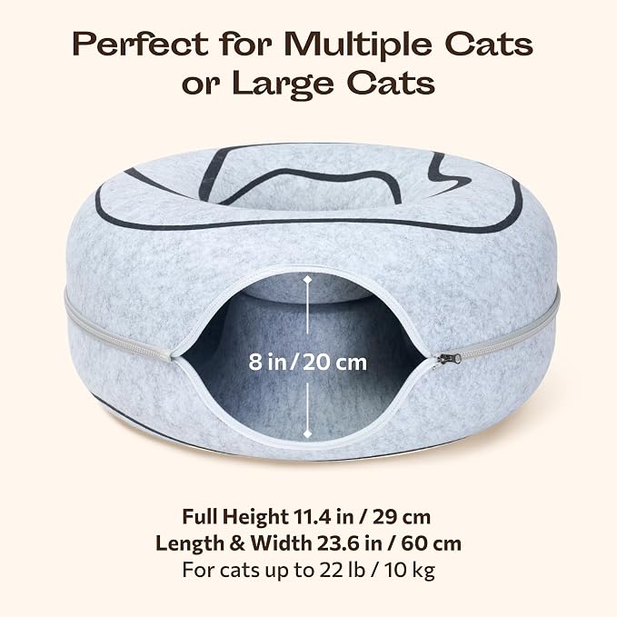Peekaboo Cat Cave Donut - Cat Tunnel Bed for Indoor Cats – Cute Patterns Hideaway for Multiple & Large Cats, Scratch-Resistant (Light Gray)