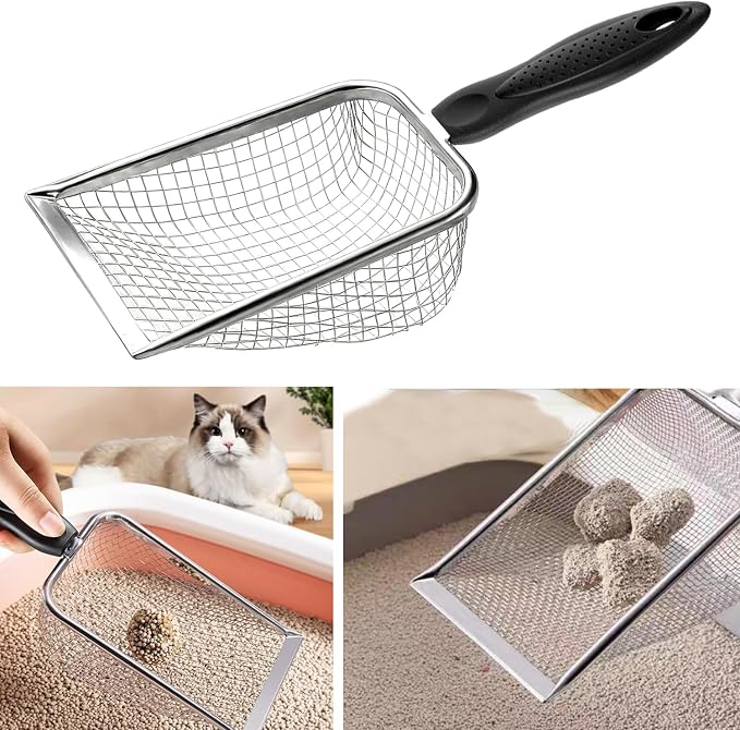 Cat Litter Scoop, Stainless Steel Cats Sturdy Mesh Scooper Kitty Metal Scooper Long Handle Scooper Shovel Sifter for All Litter Types Metal Cat Scooper for Litter Box