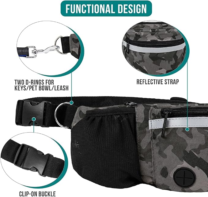 PetAmi Dog Fanny Pack, Treat Pouch for Dog Walking Training, Camo Black | Built in Poop Bag Dispenser, Water Bottle Holder, Collapsible Bowl, Pet Treat Waist Belt for Hiking Running Kibbles