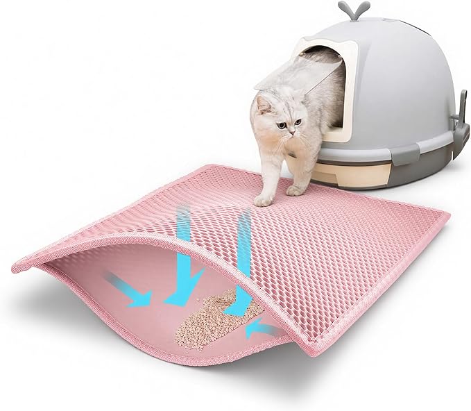 Pieviev Cat Litter Mat, Double-Layer Waterproof Litter Trap, 24" x 15" Pink | Honeycomb Design Catches Scattered Particles to Stop Tracking, Urineproof Base Protects Floors, Easy to Clean
