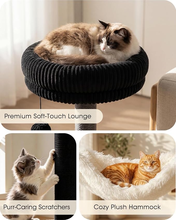 61" Modern Cat Tree, Tall Cat Tower with Self-Grooming Brush | Removable Washable Cushion, Pyramid Anti-Tip Base, Cat Furniture, Cozy Cat Condo, Sisal Scratching Post, Multi-Cat Household