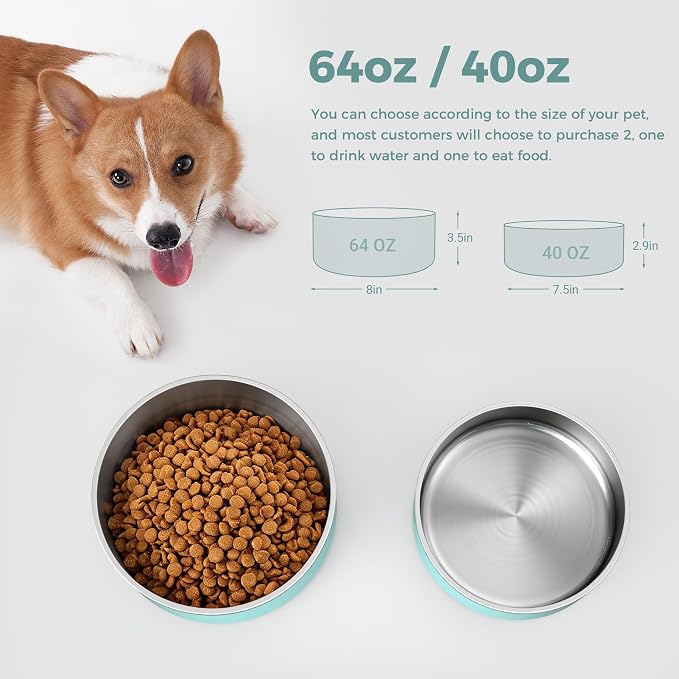 WENBOKMIN Dog Bowl, Stainless Steel Dog Food and Water Bowl with Non Slip Quiet Bottom, Easy to Clean, Dishwasher Safe, 40oz, Mint Green