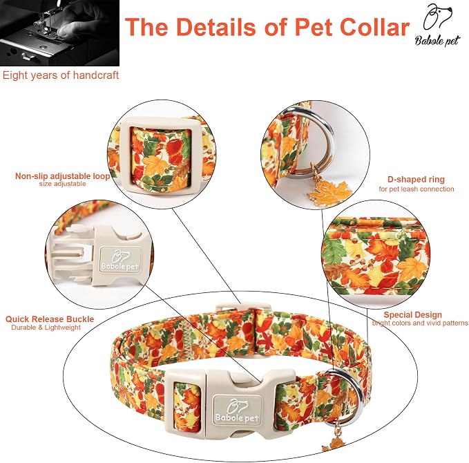 Fall Dog Collar Cute Autumn Leaves Puppy Collar - Light Comfortable Adjustable Pet Collars for Small Medium Large Girl Boy Dogs L