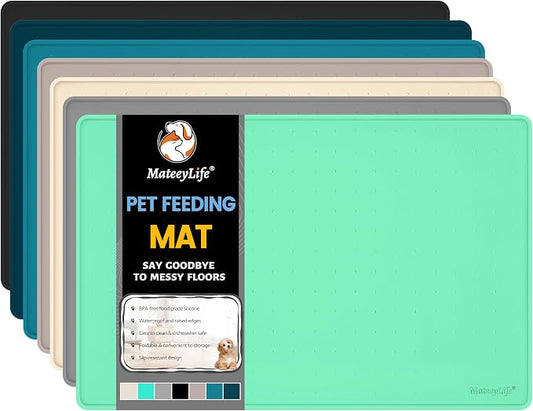 MateeyLife Dog & Cat Food Water Mat for Floors Waterproof, Nonslip Pets Bowl Feeding Mats with Raised Edges, Silicone Matt Tray for Messy Drinkers, 18"x12",MintGreen