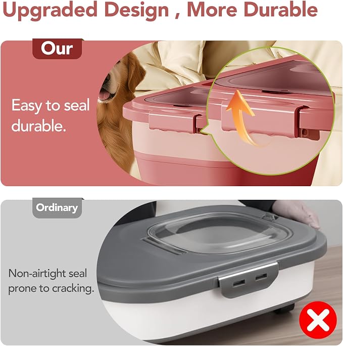 Summark 15 Lbs Dog/Cat Food Storage Container,Collapsible Food Storage Containers with Rolling Wheel Airtight Locking Lid,Pet Food Storage Container with Cup and Scoop,Pink