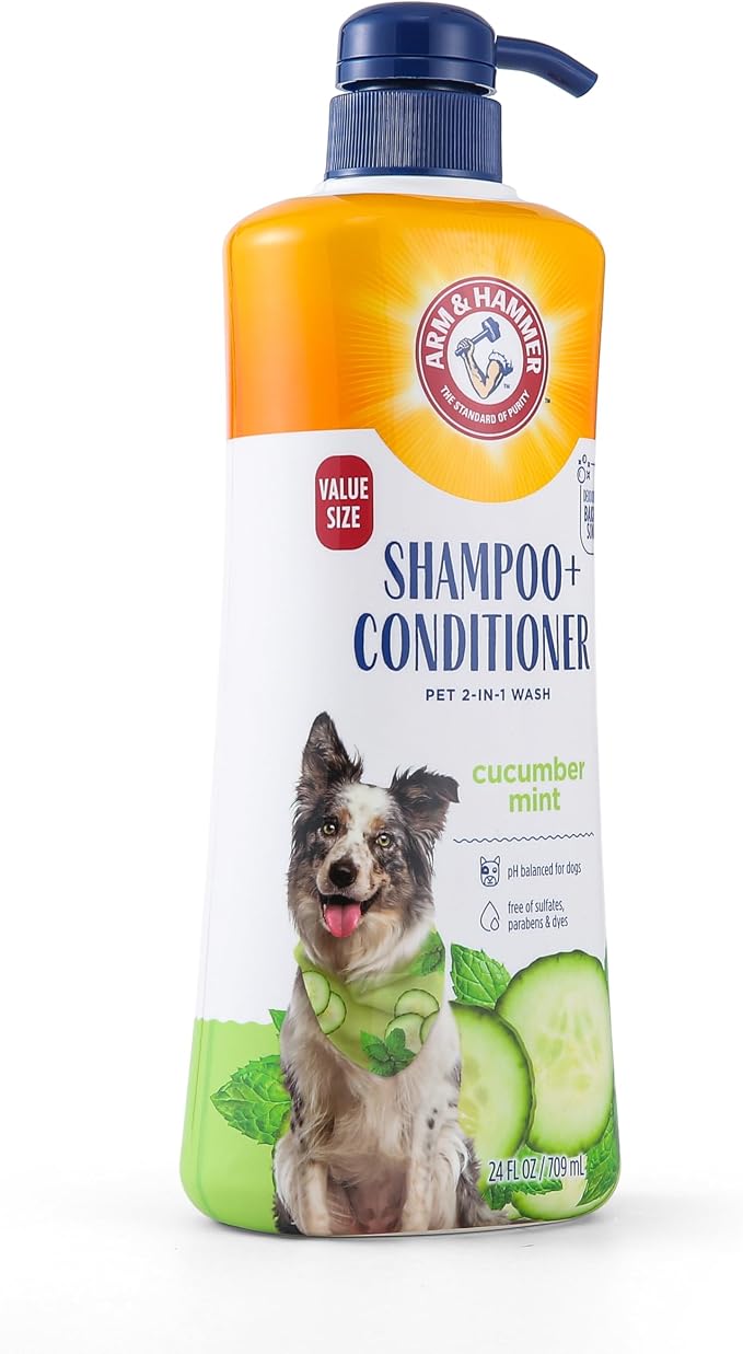 Arm & Hammer 2-in-1 Dog Shampoo & Conditioner, Cucumber Mint, 24 Fl Oz | Baking soda odor eliminating formula, pump dispenser included, value size, for daily grooming routine