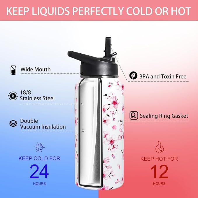 32oz Cherry Blossoms Flip Stainless Insulated Aater Water Bottle with Straw,Pink Cherry Blossoms Floral Gym Hiking Sports Coffee Mug Cup Water Bottles,Cherry Blossoms Decor Stuff Accessories