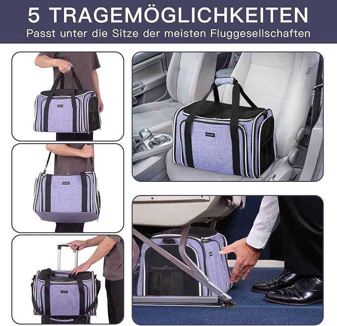 BAGLHER Expandable Cat Carrier with Travel Litter Box, Pet Travel 5 Sides Open Doors 3 Sides, Leak-Proof and Collapsible, for Car, Airplane Trip, Purple