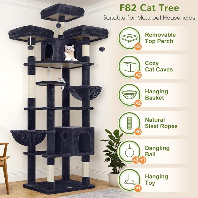 Globlazer Cat Tree Tower for Multiple Adult Cats, 82in, F82, Dark Grey | XXL Tall Cat Tree Tower for Indoor Cats with Scratching Post, 3 Perches, 2 Condos, 2 Hanging Baskets
