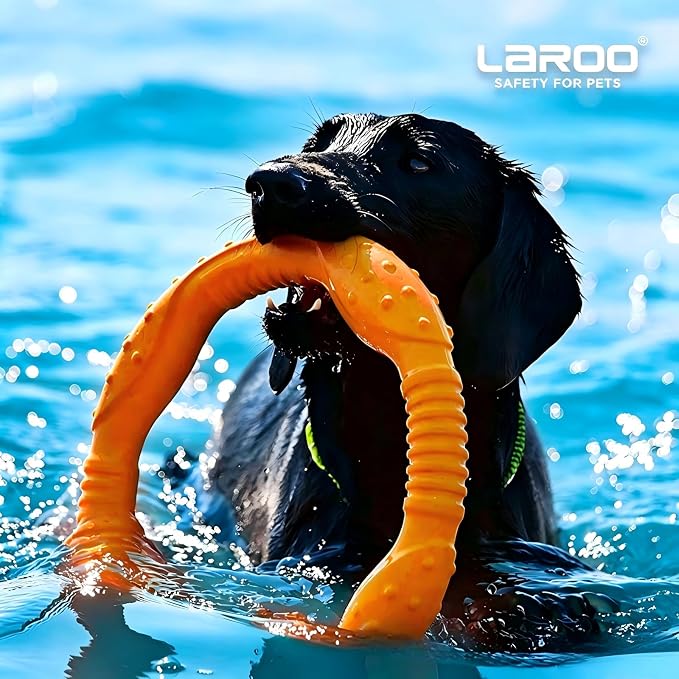 LaRoo Floating Dog Pool Toy, Fetch & Ring Tug Toy - Teething Relief, Catch, Water Fun, Pet Training Outdoor Durable Chew Toys for Small Medium Dogs (Orange Ring,8.6'')