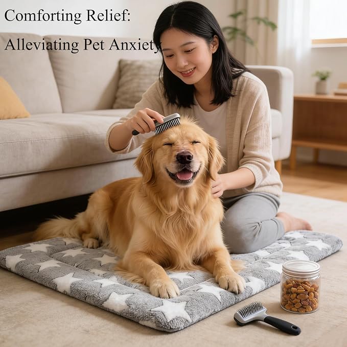 Dog Bed mat Machine-Washable Dog cage mat Gray Star（35x23x1.5in） | Soft reversible design with non-slip bottom, machine washable, lightweight, ideal for crates, travel, and home