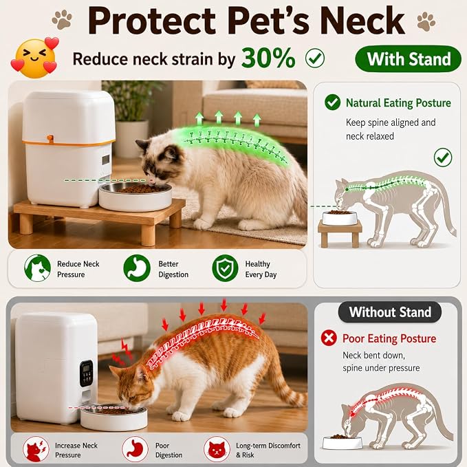 SZEE Cat Food Stand for Automatic Feeder & Tradition Bowls, Elevated Cat Food Table Station, Raises Feeder/Bowl by 2 3/8", Premium Solid Wood Material, Relieves Spine and Joints Noticeably on Pets