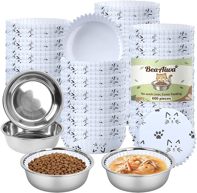 Bulk Disposable Cat Bowls Set (600 Pcs Cat Food Bowl Liners + 4 Pcs Stainless Steel Pet Bowls) Small Paper Bowls for Puppy Kitten Small Dogs and Cats, Ideal for Dry & Wet Food (White, Cat Face Print)