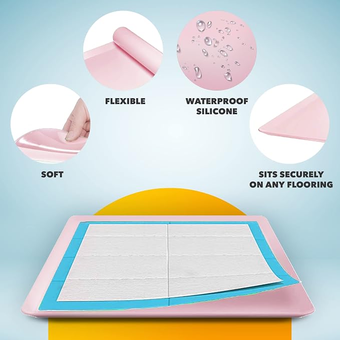 Skywin TidyFriend Dog Pee Pad Holder - Fits Up to 24” x 24” Pee Pad Holder for Dogs - Stable Grip, Soft Edges, Quick Wipe Silicone Surface Dog Pad Holder for Indoor Flooring Protection (Rose)