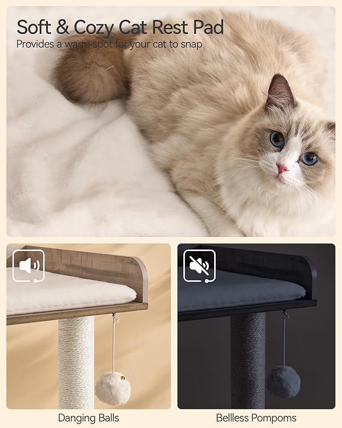 43.7" Cat Tree, Modern Cat Tree Tower, Cat Tower for Indoor Cats Large Adult, Cat Condo with Scratching Post, Large Perch and Removable Pads, Greige