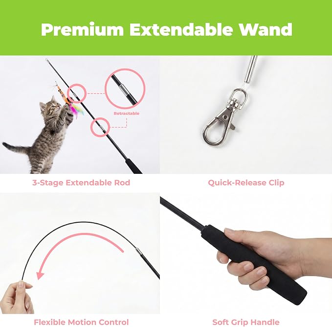 Catify Meow Chase Playset, Retractable Cat Wand Toy with 6 Feather Teaser Cat Toys Attachment, Flexible Cat Teaser Wand for Indoor Cats and Kittens, Cat Fishing Pole Style Toy for Exercise and Bonding