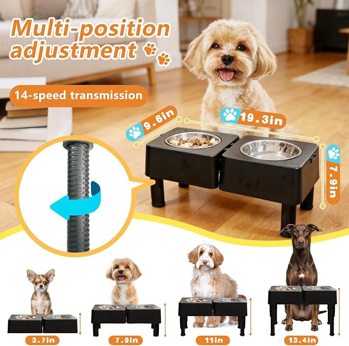 Elevated Dog Bowl Stand, Raised Dog Feeder with Adjustable Height 3.4" to 13.4", Non-Slip Pet Feeding Station Includes 2×27oz Stainless Steel Bowls for Small & Medium Dogs