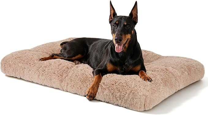 JOEJOY Large Dog Bed Crate Pad, Deluxe Plush Washable Dog Beds Fulffy Soft Kennel Pad Anti-Slip Pet Sleeping Mat for Extra Large Medium Small Dogs, 44" x 32", Beige
