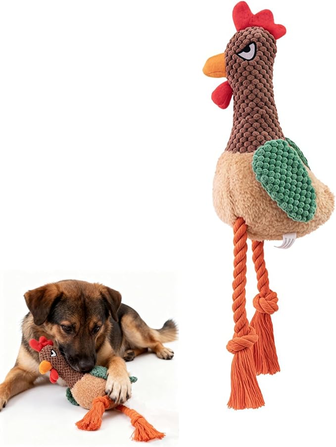 Plush Chicken Dog Toy with Squeaker, Interactive Rope Legs for Small and Medium Dogs, Multicolor Tug and Fetch Chew Rooster Toy