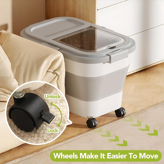 Summark 15 Lbs Dog/Cat Food Storage Container,Collapsible Food Storage Containers with Rolling Wheel Airtight Locking Lid,Pet Food Storage Container with Cup and Scoop,Grey