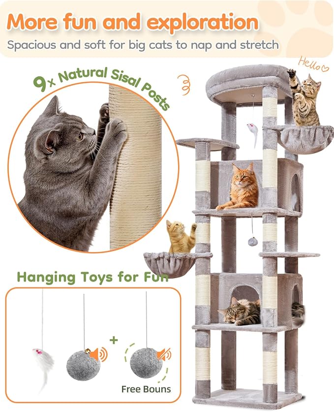Taoqimiao Heavy Duty Cat Tree, 73In Sturdy Cat Tower for Large Cats 25lbs+ | 2 Widen Condos, Enlarged Sleeping Platform, 9 Scratching Posts, 2 Cozy Baskets, Cat Toys, Light Gray, F30W
