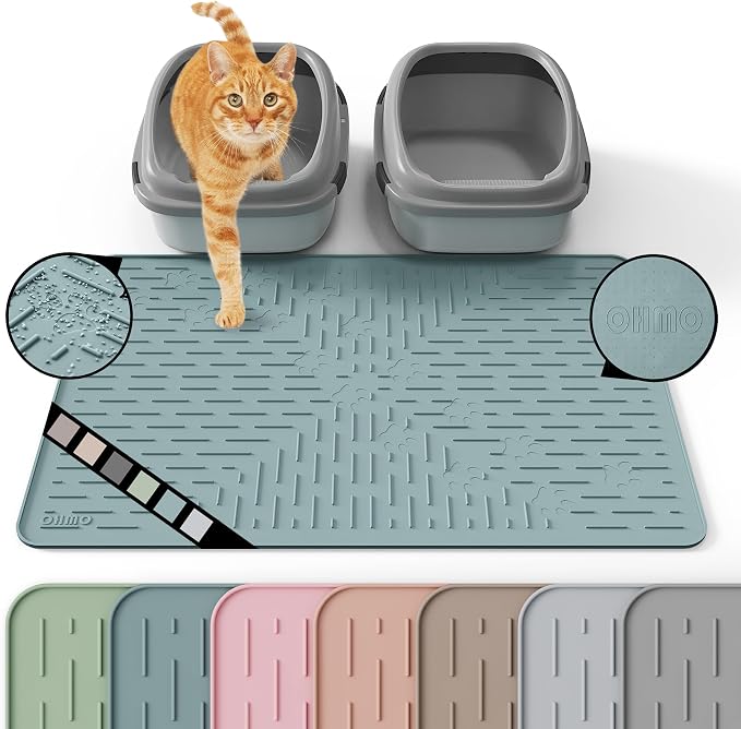 OHMO Large Cat Litter Mat, 31.5x23.6 Silicone Trapping Mat Light Blue | for Kitty Litter Box, Easy Clean, BPA Free Rubber, Center Litter Collection, Easy Pour-Back, Waterproof, Odor-Resistant