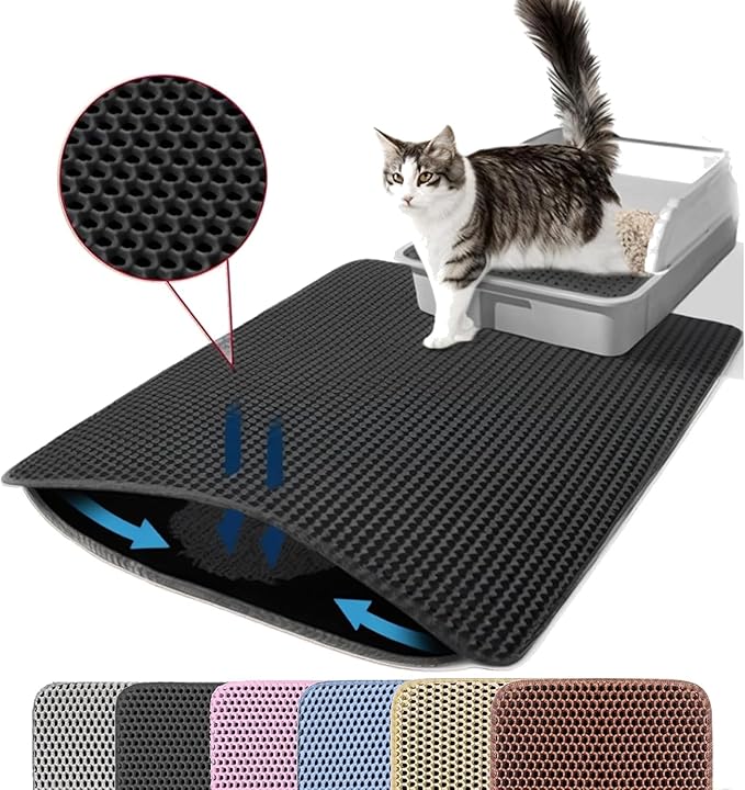 Small Cat Litter Mat, Double Layer Honeycomb Litter Box Mat | 20x14”, Reduces Litter Tracking, Waterproof, Non-Slip, Soft on Paws, Scratch Resistant, Easy to Clean, Black