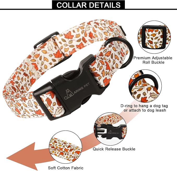 ARING PET Fall Dog Collars, Cute Autumn Maple Leaves Pet Collar with Quick Release Buckle for Puppy Small Medium Large Girl Boy Dogs-M
