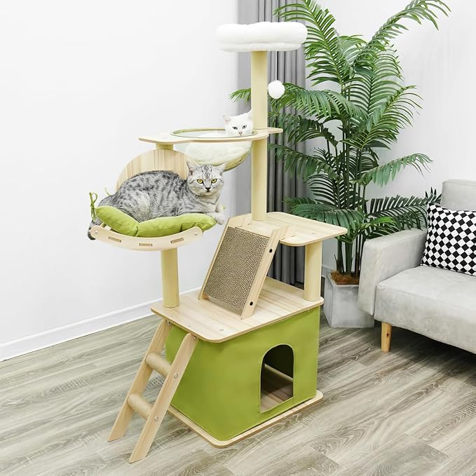 59.1-Inch-Green Cat Tree for Indoor Cats Large Adult, with Cat Condos,Cat Scratchers,Cat Hammock,Space Capsule, Plush Jumping Platform,Hanging Ball,Cat Trees for Indoor Cats(Green/Log Color)
