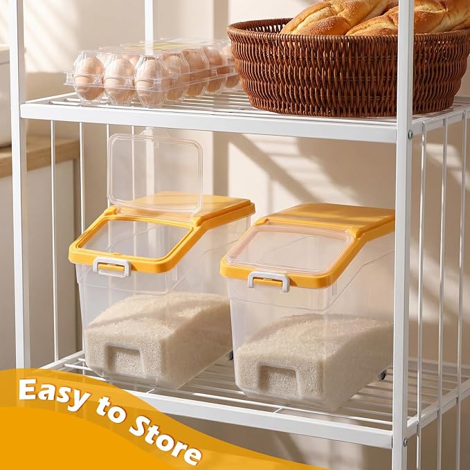 Sunnyray 4 Pcs Rice Storage Container 38 lb Flour Container with Wheels Measuring Cup Clear Pet Food Bin Dog Bird Cat Food Bin Grain Cereal Organizer Box for Dry Baking Supplies(Yellow Lid)