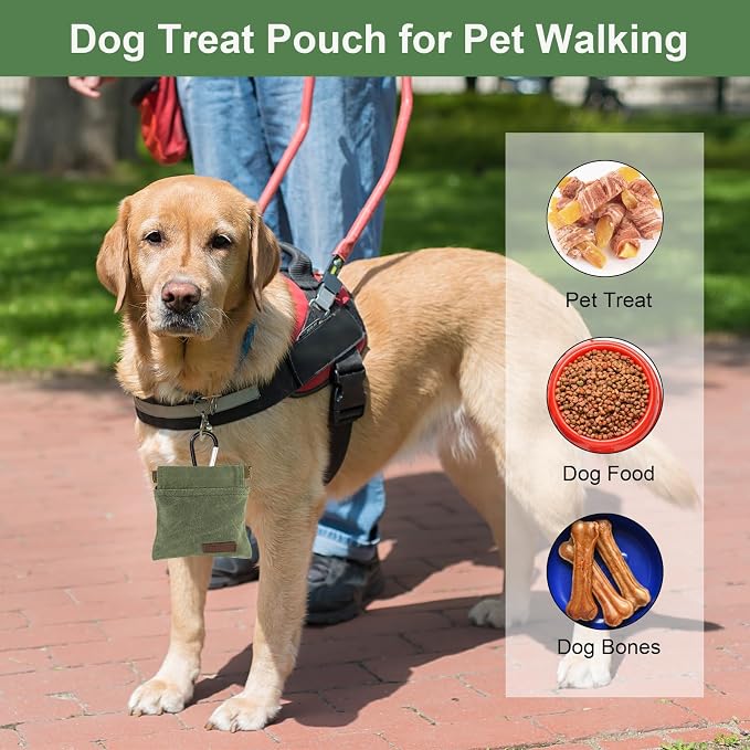 2Pcs Dog Treat Pouch, Dog Treat Pouches for Pet Training, Portable Auto Closing Dog Walking Bag with Carabiner for Puppy Travel or Outdoor Use Black Green