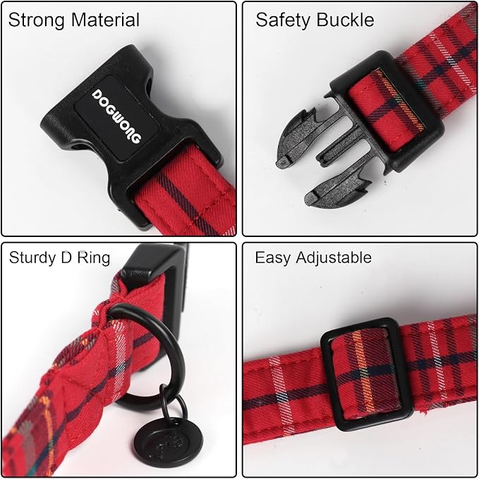 DOGWONG Christmas Cotton Dog Collar, Heavy-Duty Red Plaid Dog Collar Durable Soft Fabric Pet Dog Collars Cute Christmas Red Grid Puppy Necklace for Small Medium Large Dogs,L