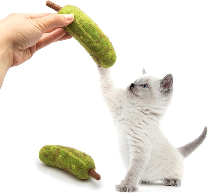 Glaciart One Cat Toy Pickle – 2 Pcs | Soft Fuzzy Enrichment 100% Natural Wool - Interactive Catnip Play Cat Toy Set - Safe for Pets, Non-AZO Colored Dyes