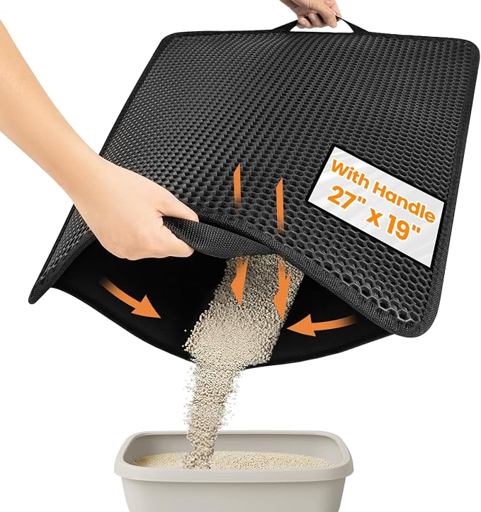 Cat Litter Trapping Mat, 27"x19" Universal Fit Litter Box Floor Mat, Hexagon Grids & Anti-Leak Base, Machine Washable, Non-Slip Kitty Mat for Most Homes, Black