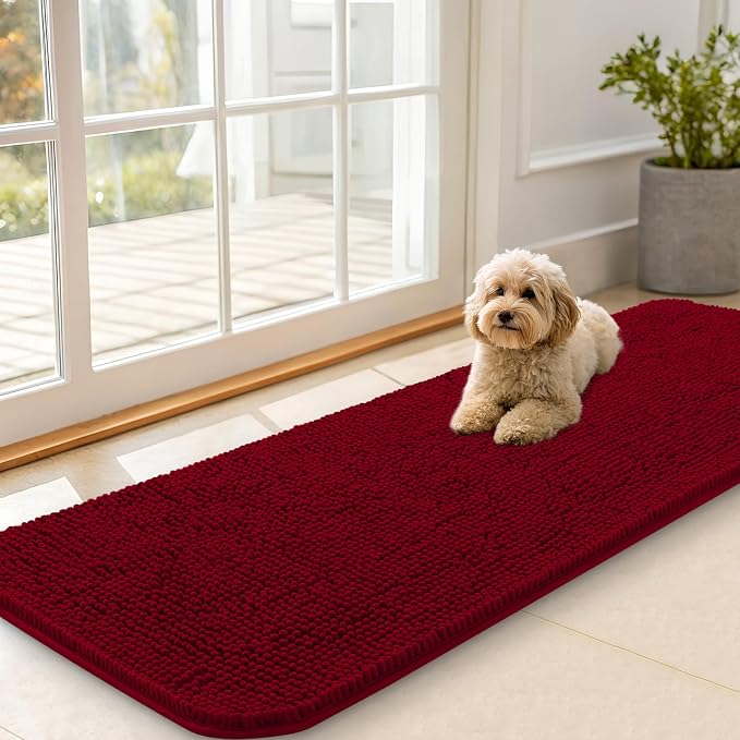 OLANLY Dog Door Mat for Muddy Paws 59x20, Super Absorbent Chenille Mud Mat | Red, Absorbs Moisture and Dirt, Non-Slip Machine Washable Doormat, Quick-Drying Indoor Entryway Floor Carpet for Dogs