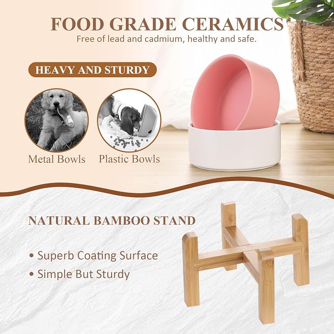 Ceramic Raised Dog Bowl with Bamboo Stand, for Small & Medium Dog, White×2