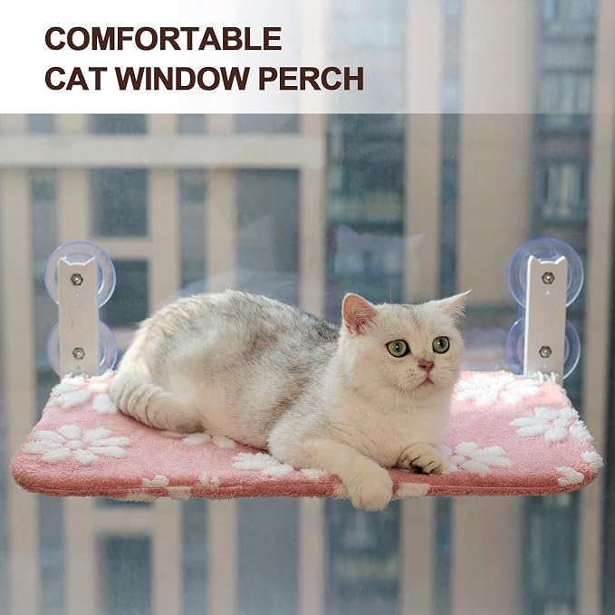 Cute Cat Window Perch, Foldable Cat Window Hammock, Pink | Cordless Window Seat Bed for Indoor Cats, 3D Textured Flower Cover, Strong Suction Cups