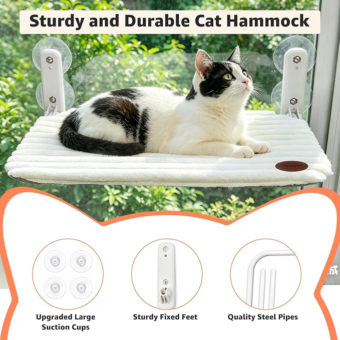 Cat Window Perch Bed,Foldable Kitty Windowsill Hammock Shelf Seat,Kitten Window Sill Lounger with Soft Rabbit Fur Cover Cushion Machine Washable,Solid Metal Frame and Strong Suction Cups