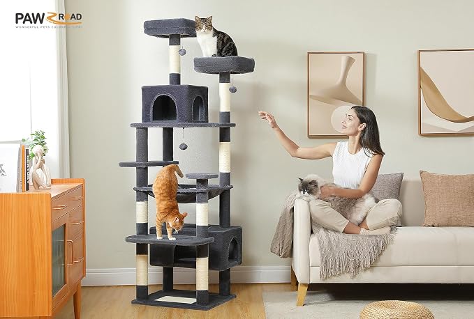 PAWZ Road 72" Cat Tree, Tall Cat Tower with Hammock& Condos for Large Cats | 20"x16" hammock for adult cats, cat tower with 7 scratching posts, dual top perch and large condo for big cats