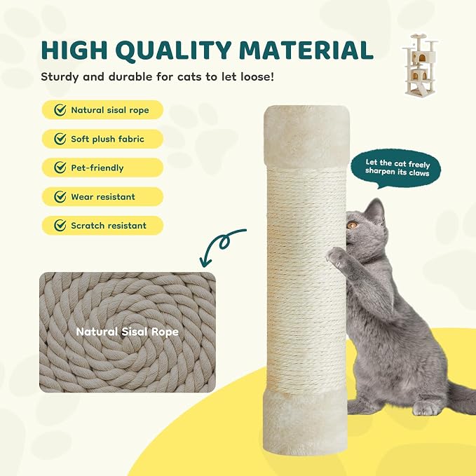 54 Inch Cat Tree Tower with Sisal Scratching Post | Multi-Level Cat Climbing Tower with Hammock, Pet Condo for Indoor Cats and Kittens, Beige